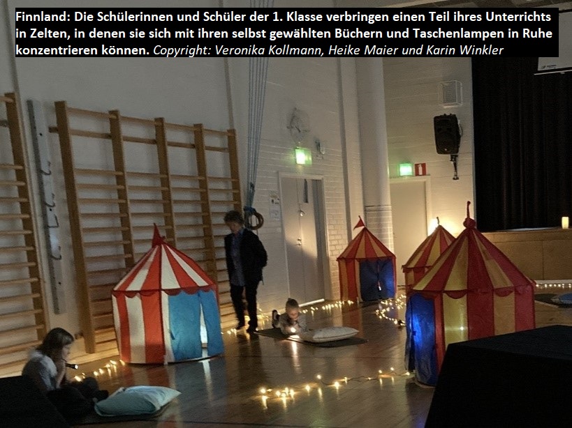 Leseförderung in Finnland: Die Schüler:innen der 1. Klasse verbringen einen Teil ihres Unterrichts in Zelten, in denen sie sich mit ihren selbst gewählten Büchern und Taschenlampen in Ruhe konzentrieren können.