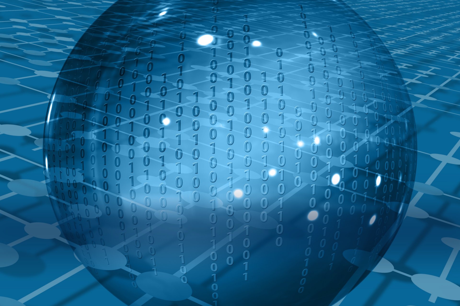 Das Bild zeigt eine Weltkugel mit Nullen und Einsen hinterlegt. Im Hintergrund wird eine Platine gezeigt. Das Bild ist komplett in blau gehalten.